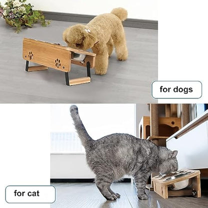 GHIAKQYT Raised Feeding Bowls - Cat Feeding Station 3 Bowls Raised Cat Bowl Height Adjustable Feeding Bowl Feeding Bar with Stand Stainless Steel Bowls for Water Food - Feeding Bowl for Cats (Bamboo