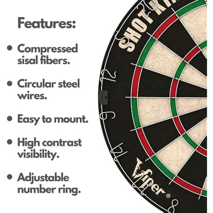 Shot King Regulation Bristle Steel Tip Dartboard Set with Staple-Free Bullseye, Galvanized Metal Radial Spider Wire Includes 6 Darts, Black, 17.75 inch