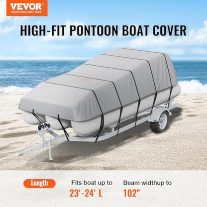 VEVOR Pontoon Boat Cover, 23'-24' Waterproof Trailerable Pontoon Cover, 800D Marine Grade PU Oxford Fabric, with Motor Cover, 16 Windproof Buckle Straps, Fits for 23'-24'L, Beam Width to 102", Grey