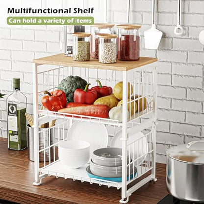 UMDONX Vegetable Storage Rack Kitchen Fruit Basket Bowl 3 Tier - Countertop Wire Veg Organiser Tiered Tabletop Stand Wooden Top (Durable Metal White)