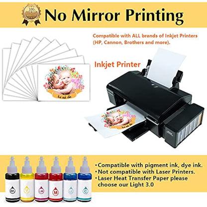 TransOurDream Tru-Transfer Paper - 100 Sheets A4 Inkjet Heat Transfer Paper Iron On Transfer Paper 2.0 for White and Light T Shirts Fabrics NO Mirror Print,Easy to Use (TRANS-2-100)