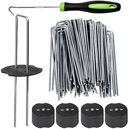 Bakulyor 50 Weed Control Membrane Pegs + 50 Buffer Washer, 6"/150mm Weed Mat Metal Garden Landscape Staples Artificial Grass Pins Ground Cover Mossing Fabric Artificial Barrier Pegs Accessories