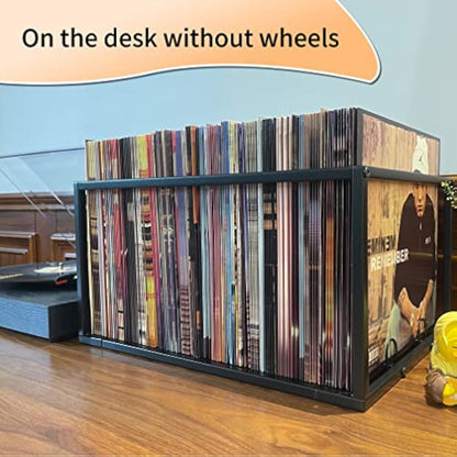 Vinyl Record Storage Holder With Wheels - Holds up to 100 LP - Album Holder Display Stand - Vinyl Record LP Storage organizer - Sturdy Metal Structure - Smooth Black