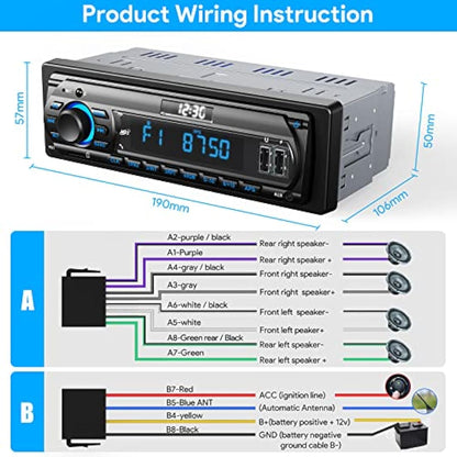 RDS Car Radio Bluetooth Hands-free, 9-24V Car Stereo Bluetooth 4 x 65W FM/AM Radio LCD Clock with 7 Colors Lighting, MP3 Player Supports 2 USB/AUX/SD