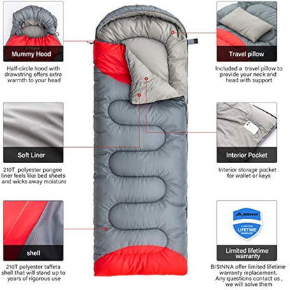 BISINNA Sleeping Bag with Pillow - 4 Season Lightweight Waterproof Warm Sleeping Bag with a compression sack for Adults, Women, Men's Outdoors Camping, Hiking, Backpacking