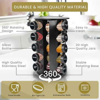 Wize Products - Black Countertop Rotating Spice Rack, 20 Empty-Jars Revolving Organiser 360°, Free Standing Round Carousel Tower, Spice Labels with Funnel for Kitchen Countertop