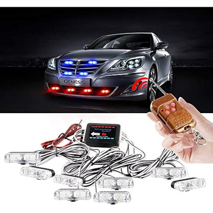 yifengshun 8 in 1 LED Emergency Strobe Lights for Trucks Vehicles Warning Flashing Guide Grille Flash DRL Police Car Motorcycle DC12V Wireless Remote Control (Blue & Red)
