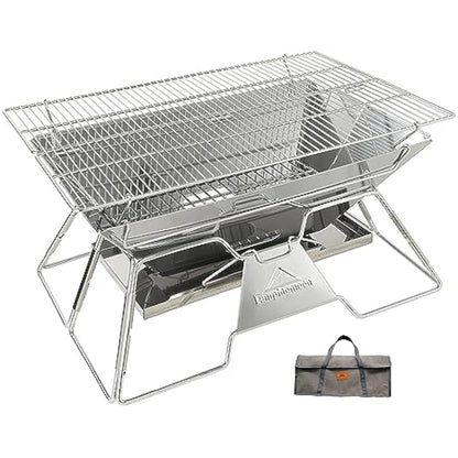CAMPINGMOON Portable Camping Fire Pit Stainless Steel Foldable Collapsible BBQ Grill Wood Burning Charcoal 20x13-inch with Carrying Bag MT-3