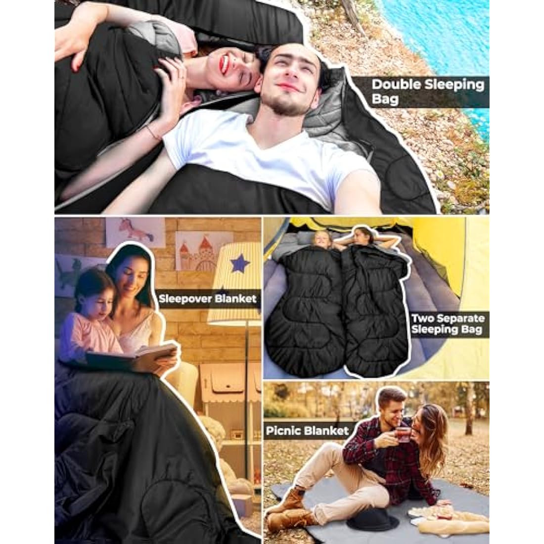 Ohuhu Double Sleeping Bag with 2 Pillows, Waterproof Lightweight 2 Person Adults Sleeping Bag for Camping, Backpacking, Hiking, Bonus Carrying Bag