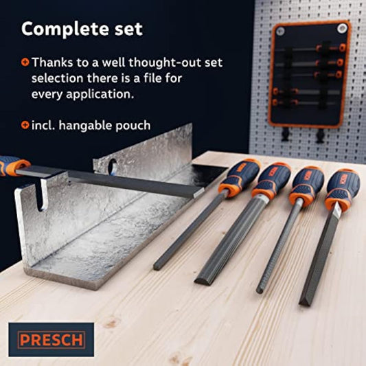 Presch File Set 5 pcs with Bag - High Quality Metal File Set incl. Flat File, Half Round File, Round File, Triangular File and Square File - Professional Metal File Set for Steel - Metal Files Set
