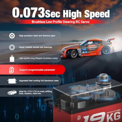 AGFRC 19KG Low-Profile High-Torque Programmable-Digital-Servo - Full Metal Gear CNC Case Brushless Servo for 1/10 RC Models, Control Angle 180° (A50BHL&AGF-SPV3)