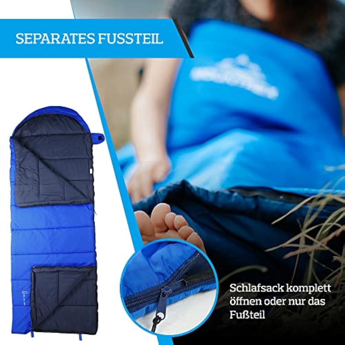 MOUNTREX® Sleeping Bag for Camping & Outdoor - Blanket Sleeping Bag (205 x 75 cm) - 3 Seasons - Lightweight, Warm & Soft (1.6 kg) - Adults, Men and Women - Can be Connected (Zip - Right, Blue)