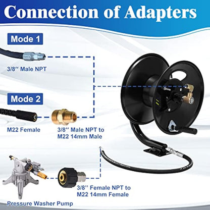 M MINGLE Pressure Washer Hose Reel 100ft, Heavy Duty Steel Hose Reel, Manual Crank Power Washer Hose Reel with Swivel Arm, 3/8" NPT