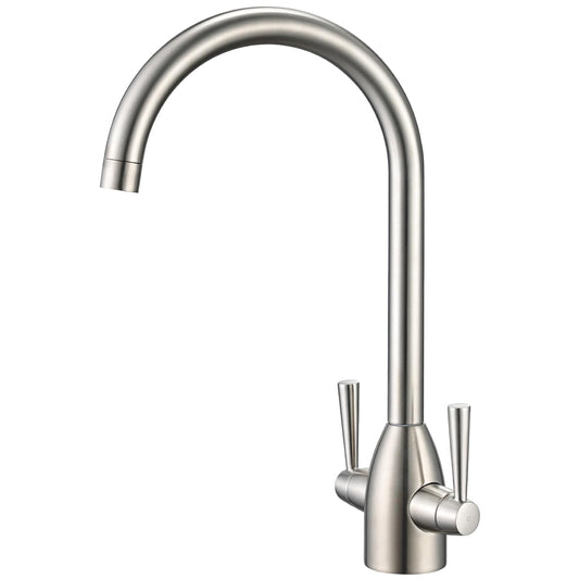 Hapilife Brushed Steel Kitchen Tap Dual Lever Monobloc Kitchen Mixer Taps 1 Hole High Arc Sink Taps Mixer 360 Swivel Spout Mono Hot and Cold Water
