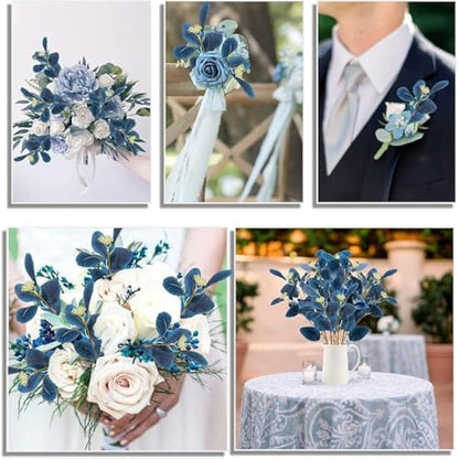 UXORSN 6PCS Artificial Eucalyptus Stems Leaves Blue Faux Eucalyptus Plant Spray Greenery Stem Branches with Seeds Silver Dollar Foliage for Wedding Vase Flower Arrangement Party Decor
