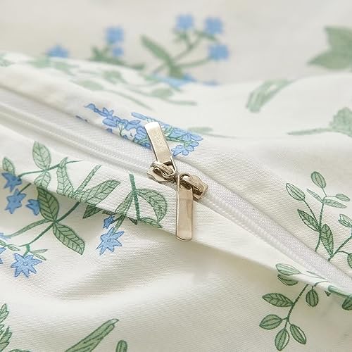 Ruccit White Floral Duvet Cover Set King 100% Cotton Duvet Cover King Size Bed 3pcs Garden Blue Green Chic Flower Bedding Set with Zipper Closure