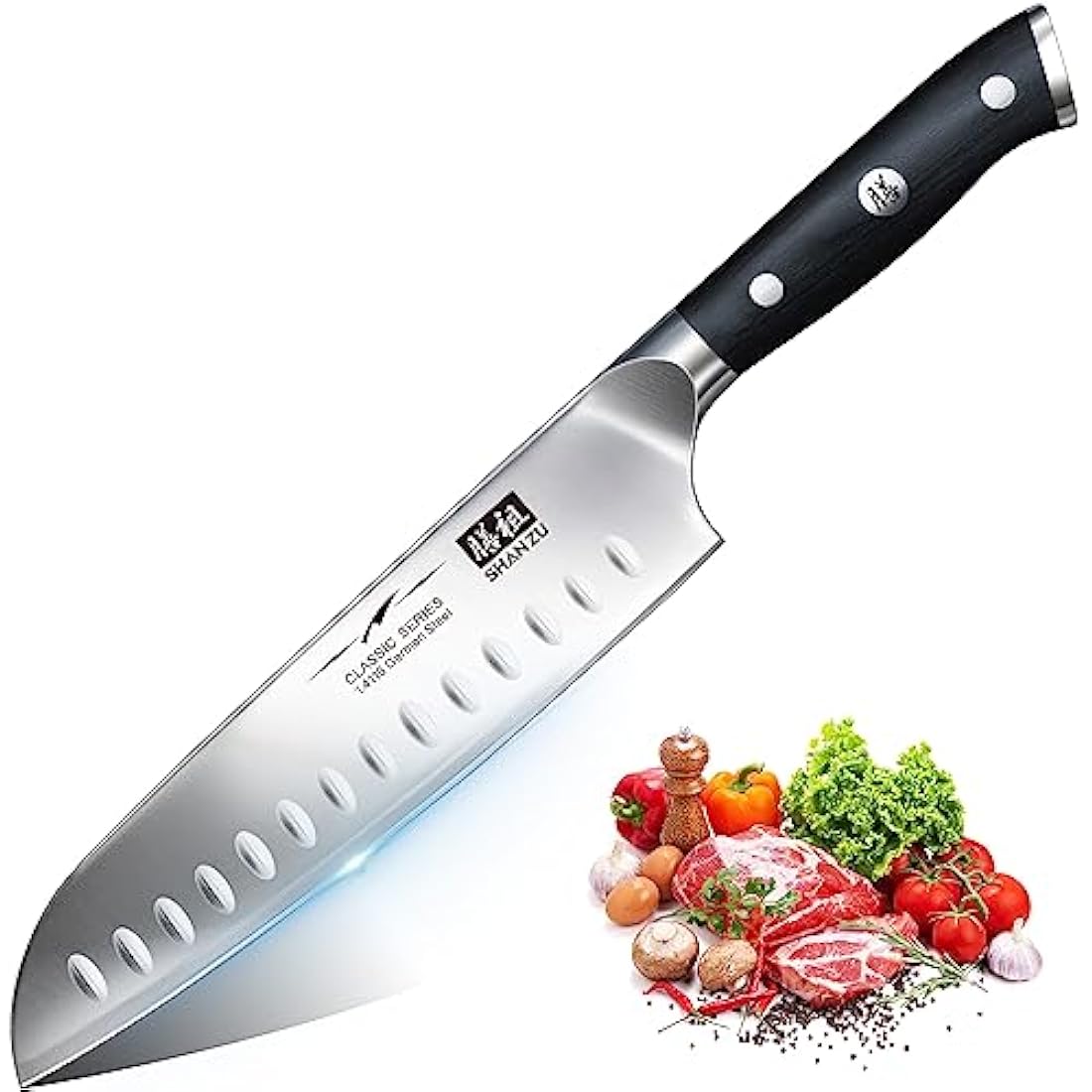 SHAN ZU Kitchen Knife with 18 cm Japanese Santoku Knives Professional Ultra Sharp Chef Knife German Stainless Steel Blade, Utility Knives with Ergonomic Handle for Cutting Fruit, Vegetables, Meat