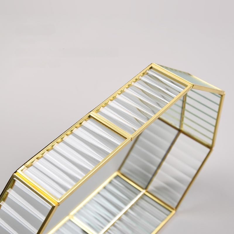SLHEQING Mirror Tray Gold Vintage Perfume Tray Makeup Jewelry Organizer, Glass Vanity Tray Metal Polygon Tray