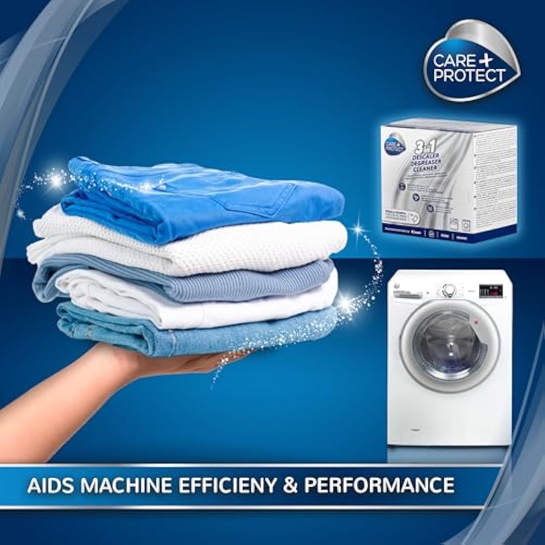 Care+Protect 3 in 1 Washing Machine - Dishwasher Cleaner - Limescale Remover - Degreaser - Hygienic Cleaner - Universal - 12 Sachets for 12 Months Supply
