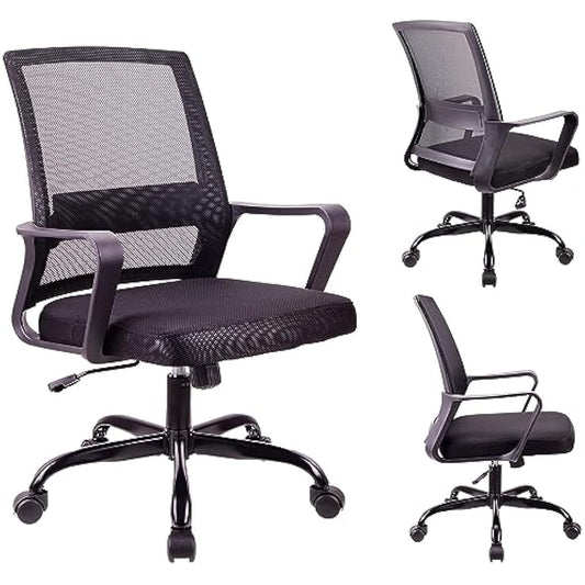 T-THREE.Adjustable office chair, ergonomic mesh swivel seat, with lumbar support, height adjustment, 360° rotation, and tilt function, mesh backrest for home office(Black)