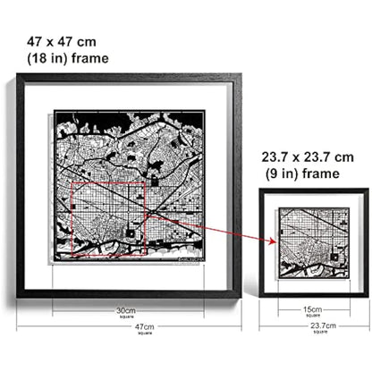 O3 DESIGN STUDIO Barcelona Marco de Papel para mapas, Black map, Black frame, 9x9 inches, Gift Boxed, 2 background color, self-changing, Paper Art