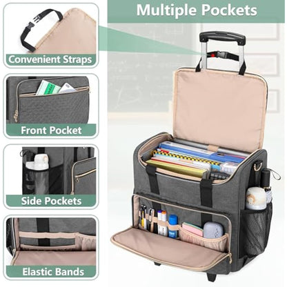Luxja Rolling Teacher Bag with Laptop Compartment and Detachable Dolly, Multifunctional Rolling Teacher Tote Bag (Bag Only), Grey