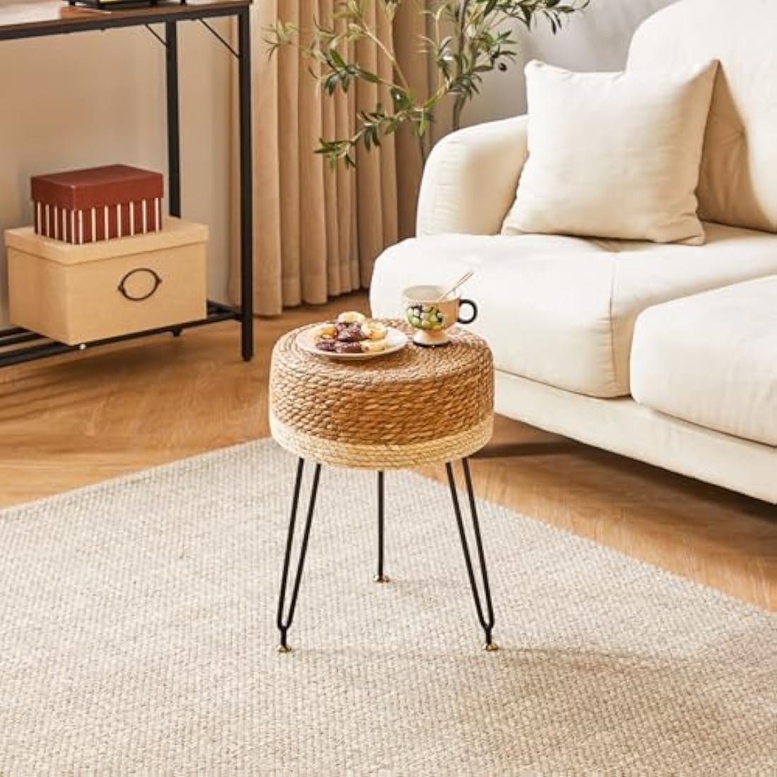 YMYNY Footstool Natural Seagrass Hand Weave, Vanity Makeup Stool, Pastoral Style Footrest, Padded Foot Rest with Metal Legs, Foot Rest Sofa Stool, for Living Room, 32×32×45CM Natural&White HBD029W