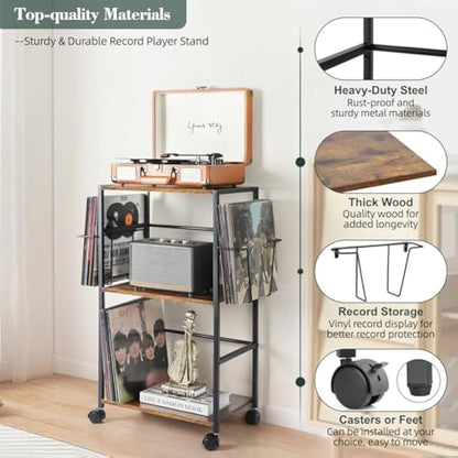 Bikoney Vinyl Record Storage, Rolling Side Table with Player Stand, Large End Table Cart Up to 150 Albums, Turntable Holder with 2 Display - Vinyl Storage for Living Room Bedroom Office