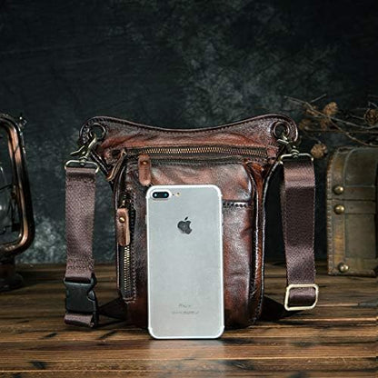 Le'aokuu Mens Genuine Leather Messenger Shoulder Bag Waist Bag Pack Drop Leg Bag Motorcycle 833