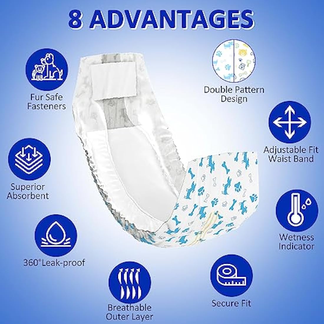 Dono Disposable Male Dog Diapers, 48pcs, L, 32in, Blue/Yellow, Super Absorbent, Leak-proof, Wetness Indicator, Incontinence, Excitable Urinary, Dog Owners, Male