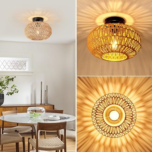 FORCOSO Rattan Ceiling Light, Boho Lamp Light Shade Rattan Lampshade, E27 Vintage Chandelier Light Fitting, Rustic Ceiling Lamp Fixtures for Living Room Bedroom Dining Room Kitchen Hallway