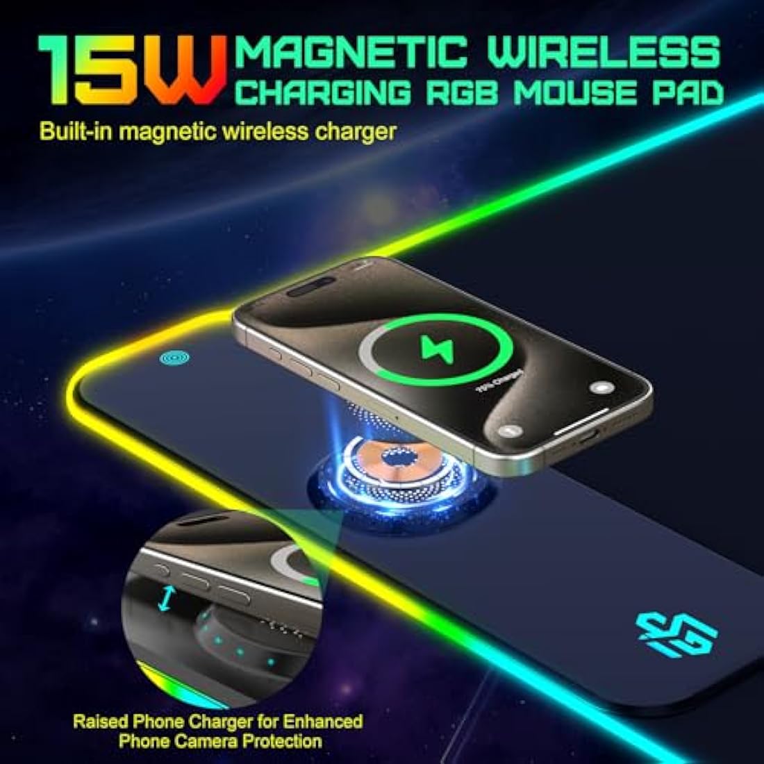 GIM Wireless Charging RGB Gaming Mouse Pad 15W, LED Mouse Mat 900x400x4MM, 10 Light Modes Extra Large Mousepad Non-Slip Rubber Base Computer Keyboard Mat for Gaming (Black-Max)