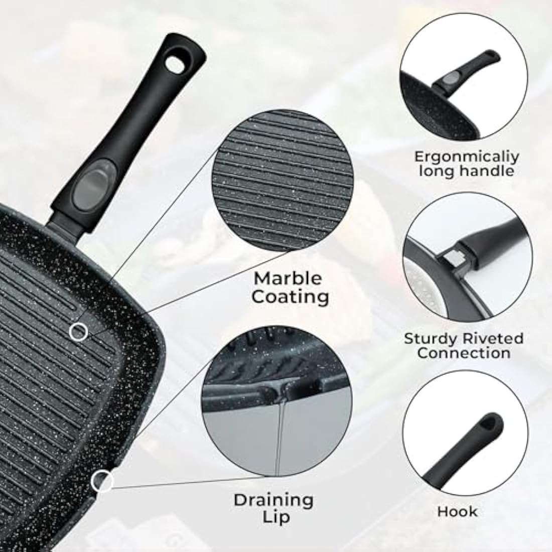 Chef Wonderful Non-Stick Griddle Pan for Induction Hob. Aluminium Steak Pan (28cm) Non-Stick Marble Coating & Detachable Handle. Induction Grill for All Hobs. Suitable for Gas & Oven Grilling.