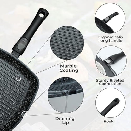 Chef Wonderful Non-Stick (28cm) Griddle Pan for Induction Hob, Marble Coating & Detachable Handle. Aluminium Steak Pan for All Induction Hobs with Glove & Cloth. Suitable for Gas & Oven Grilling