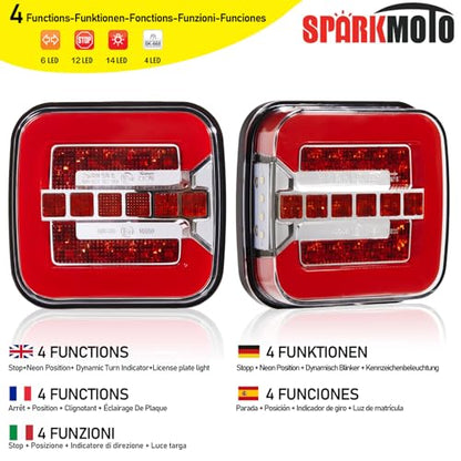 SPARKMOTO LED Trailer Rear Lights - Waterproof, 12V/24V Universal, 4 Functions With License Plate Light, IP67 Submersible