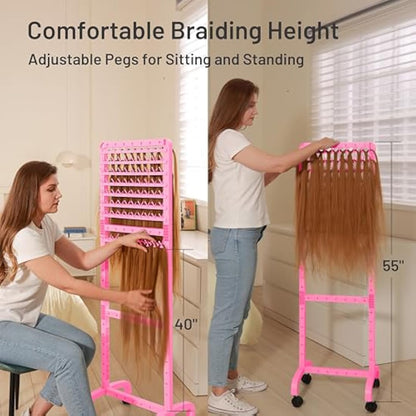 Adjustable Braiding Hair Rack with 160 Pegs, 2-sided Braid Rack for Braiding Hair, Movable Hair Racks for Braiders Standing with Wheels, Hair Extension Holder for Braiders, Hairstylists