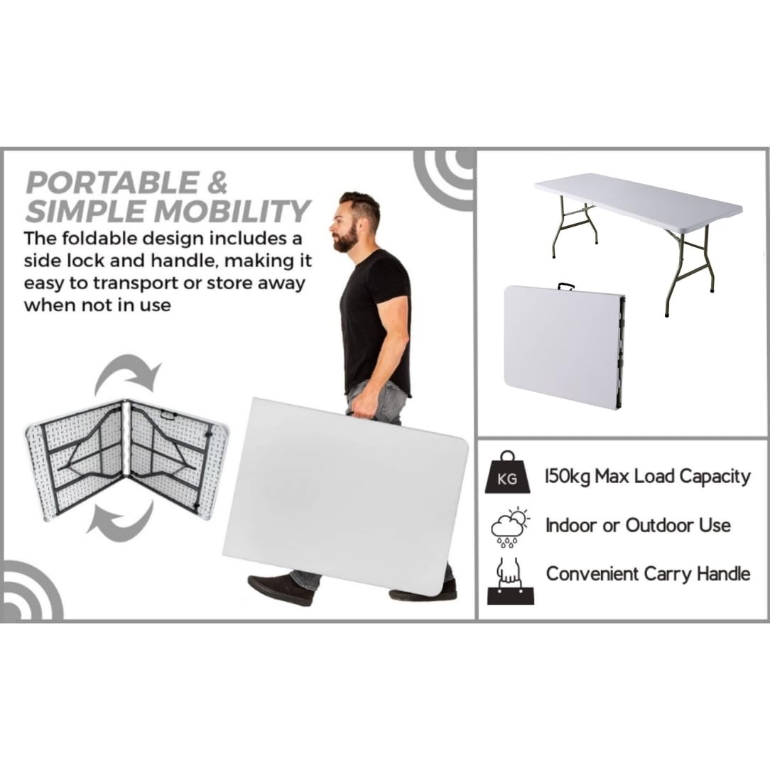 Home Source 6ft Folding Trestle White with Carry Handle Heavy Duty Table for Camping Catering BBQ Picnic Party