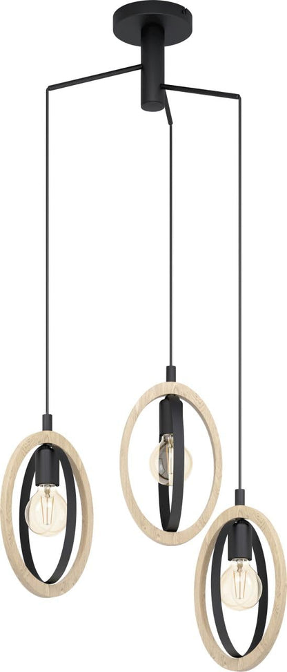 Eglo Pendant lamp Basildon, 3-Light Hanging lamp Vintage, Industrial, Retro, Made of Steel and Wood in Black, Natural, Dining Table lamp, Hanging