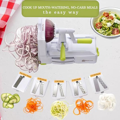 Brieftons 5-Blade Vegetable Spiralizer: Strongest-Heaviest Spiral Slicer, Best Veggie Pasta Spaghetti Maker for Low Carb/Paleo/Gluten-Free/Vegan Meals, with Extra Blade Caddy, 4 Recipe Ebooks