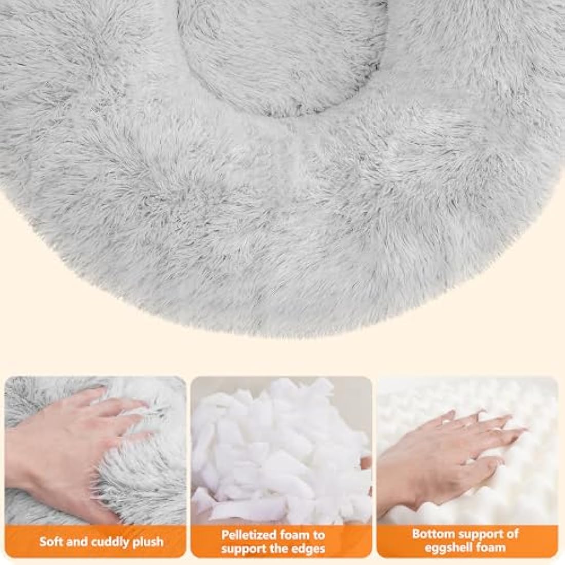 HMTOPE Dog Bed Round Orthopedic Dog Cushion Egg Crate Foam Dog Sofa Cat Bed Donut Cosy Dog Basket Washable, 70 cm Ø, Light Grey