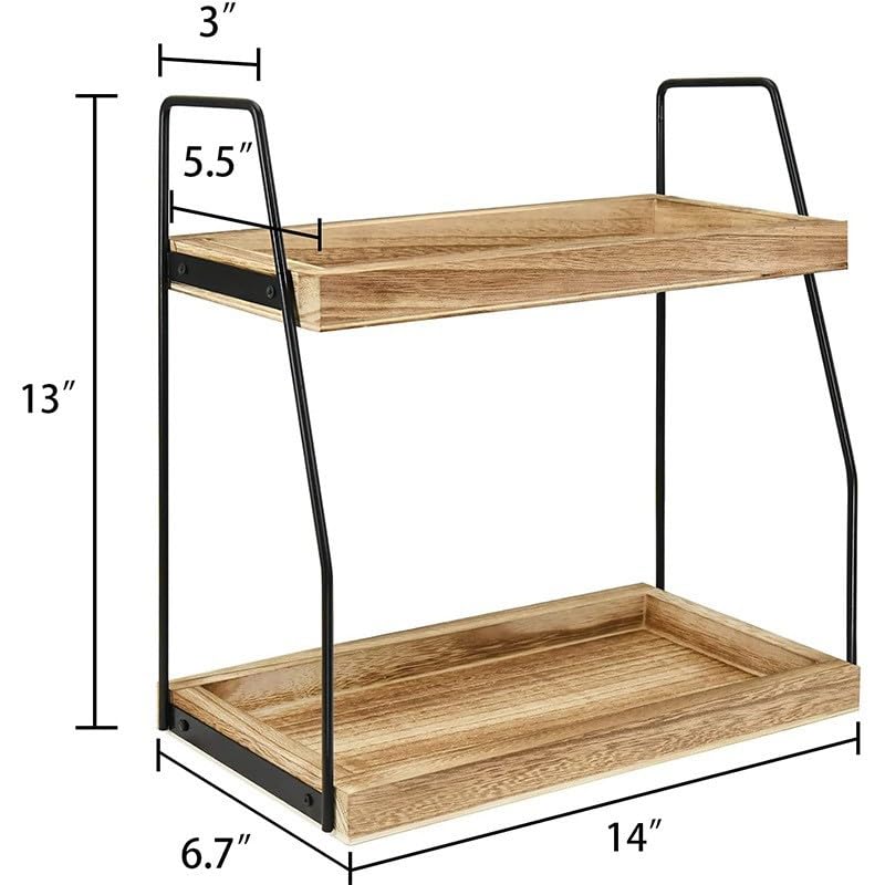 BRAVECOW Coffee Station Organizer, Desktop Table Surface Shelf Stand Wooden Display Storage Rack 2 Tier Condiment, Makeup Tools
