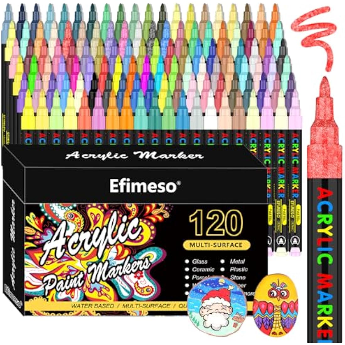 Efimeso Acrylic Paint Pens Set-120 Colours Paint Markers for Rocks Painting Ceramic Stone Glass Wood Metal, Acrylic Pens 0.7mm Extra Fine Tip Water Based Paint Pens Kids