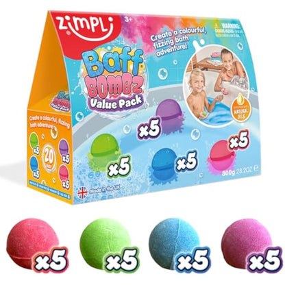 Zimpli Kids - 20 x Baff Bombz, Creates a Fizzing, Bath Time Adventure, Bubble Bath Bomb Gift Box, Party Bag Favours, Goody Bag Fillers for Children, Organic & Moisturising, Birthday Gifts for Kids
