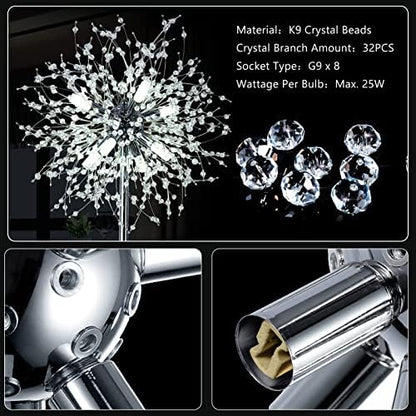 Rayofly Modern Crystal Fireworks Floor Lamps, Chrome Standing Lamp with Foot Switch, 8 Lights, 170cm, Glass Metal Tall Pole Tree Lighting for Living Room, Bedroom, Corner, Sofa