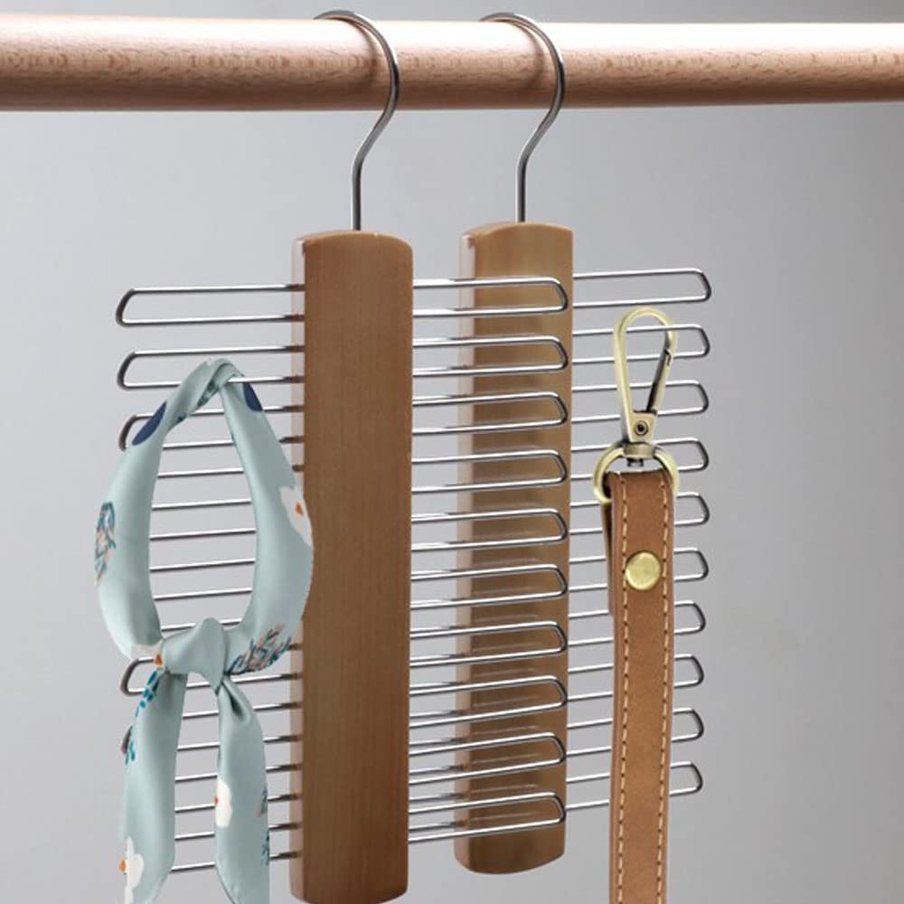 2 Piece Wooden Tie Hanger, Swivel Tie Rack with 20 Metal Partitions and 360 Degree Rotating Clothes Hook, for Hanging Belts, Scarves
