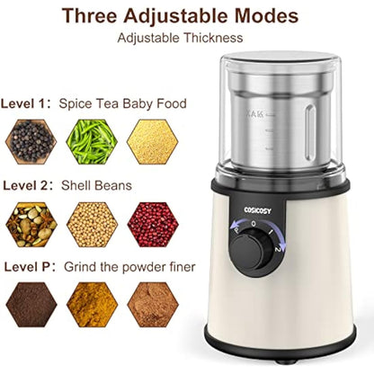 COSICOSY Electric Spice Grinder with 304 Stainless Steel Blades, Removable Bowls, 350W Motor Coffee Bean Machine with Spoon Brush for Beans, Nuts, Pepper, Beige
