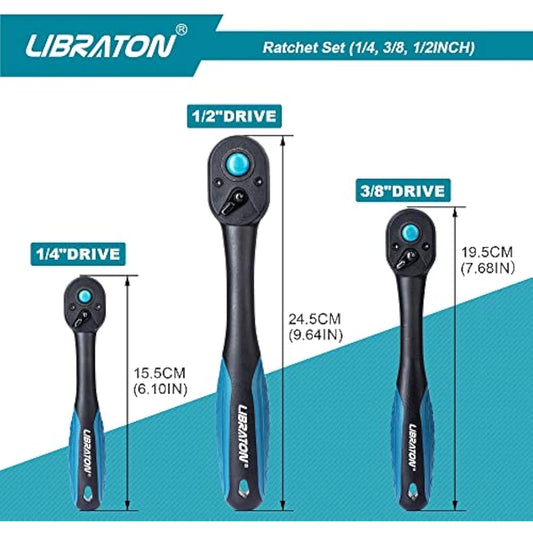 LIBRATON Ratchet Handle, 3 PCS 1/4", 3/8", 1/2" Heavy Duty Drive Ratchet Socket Wrench with Quick-Release Head, 72 Teeth, Reversible Design, Comfort Grip for Car Repair, EVA Organizer