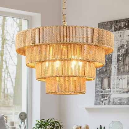 Schindora 50CM Boho Pendant Light,Hand-Woven Rattan Lampshade 6-Lights Light Shade 4 Round Transitional Rustic Large Lamp Shades Ceiling for Kitchen Island Bedroom Dining Room Living Room,Brass
