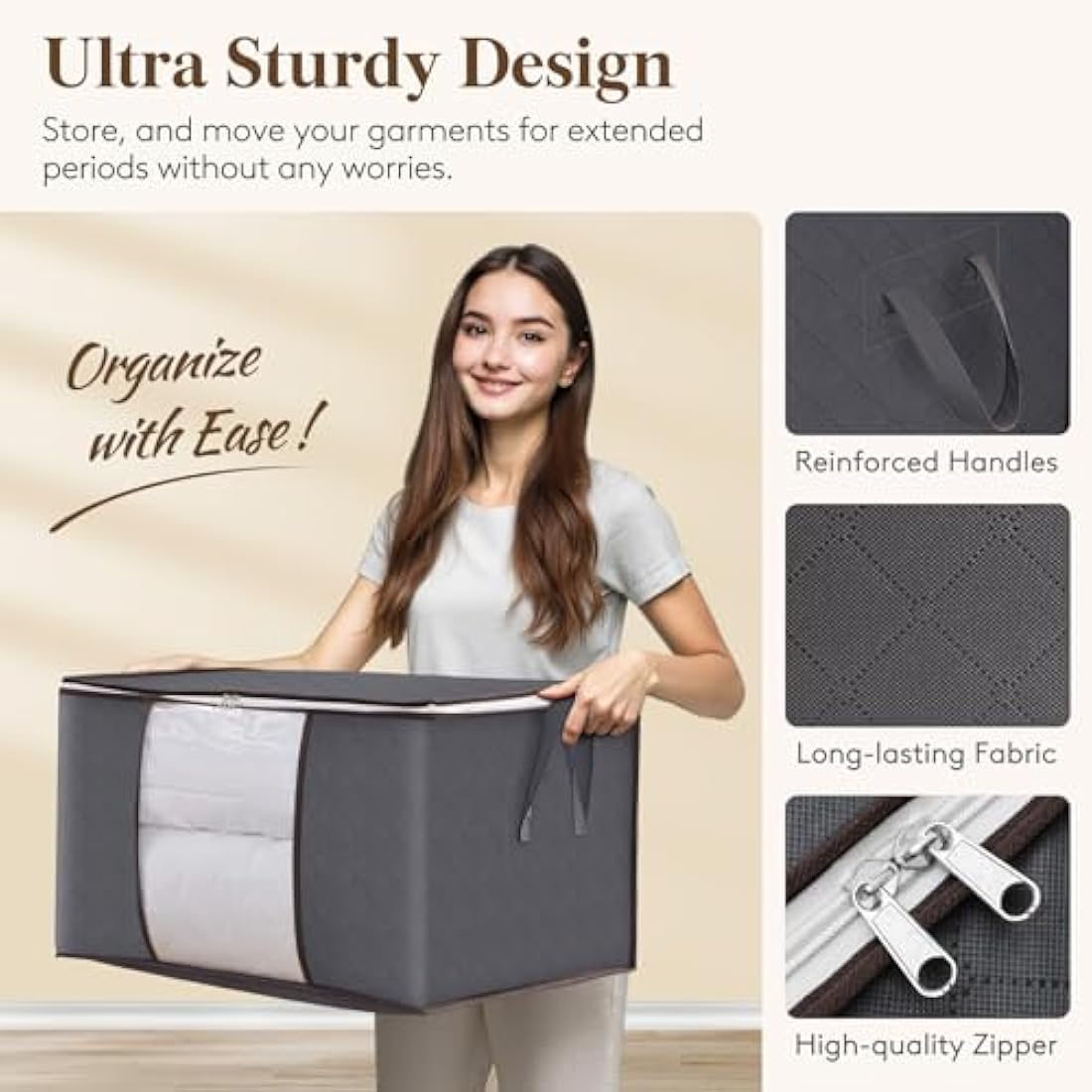 Lifewit 95L Clothes Storage Bags Large Storage Box With Lid Packing Boxes for Moving House With Reinforced Handle Thick Fabric Clear Window for Clothes Duvet Blankets Bedding, 6 Pack, Grey