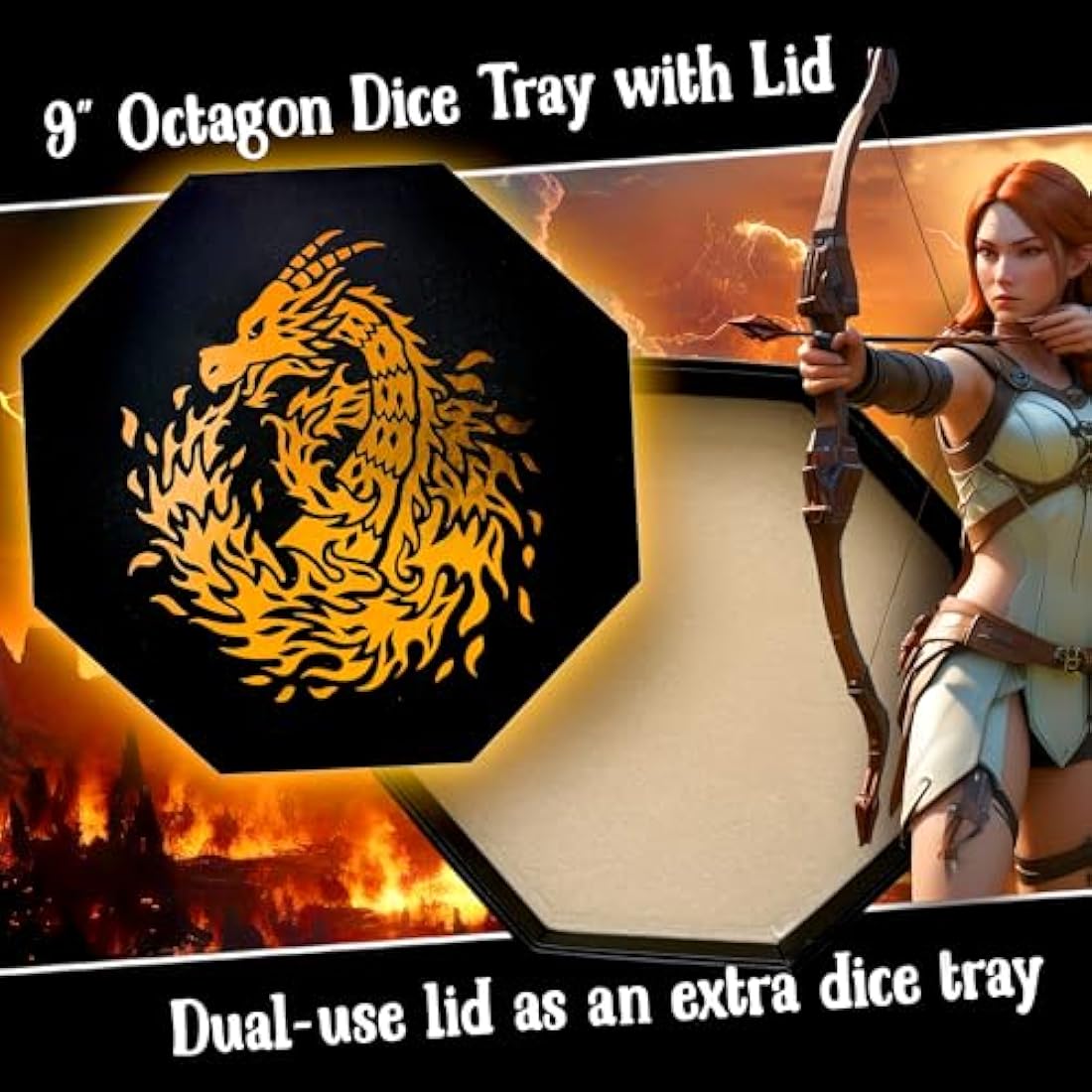 Fantasydice- Fire Dragon - Dice Tray - 20CM Octagon with Lid and Dice Staging Area- Holds 5 Sets of Dice(7 / Standard) For All Tabletop RPGs Like D&D, Call of Cthulhu, Shadowrun. (Chromatic)